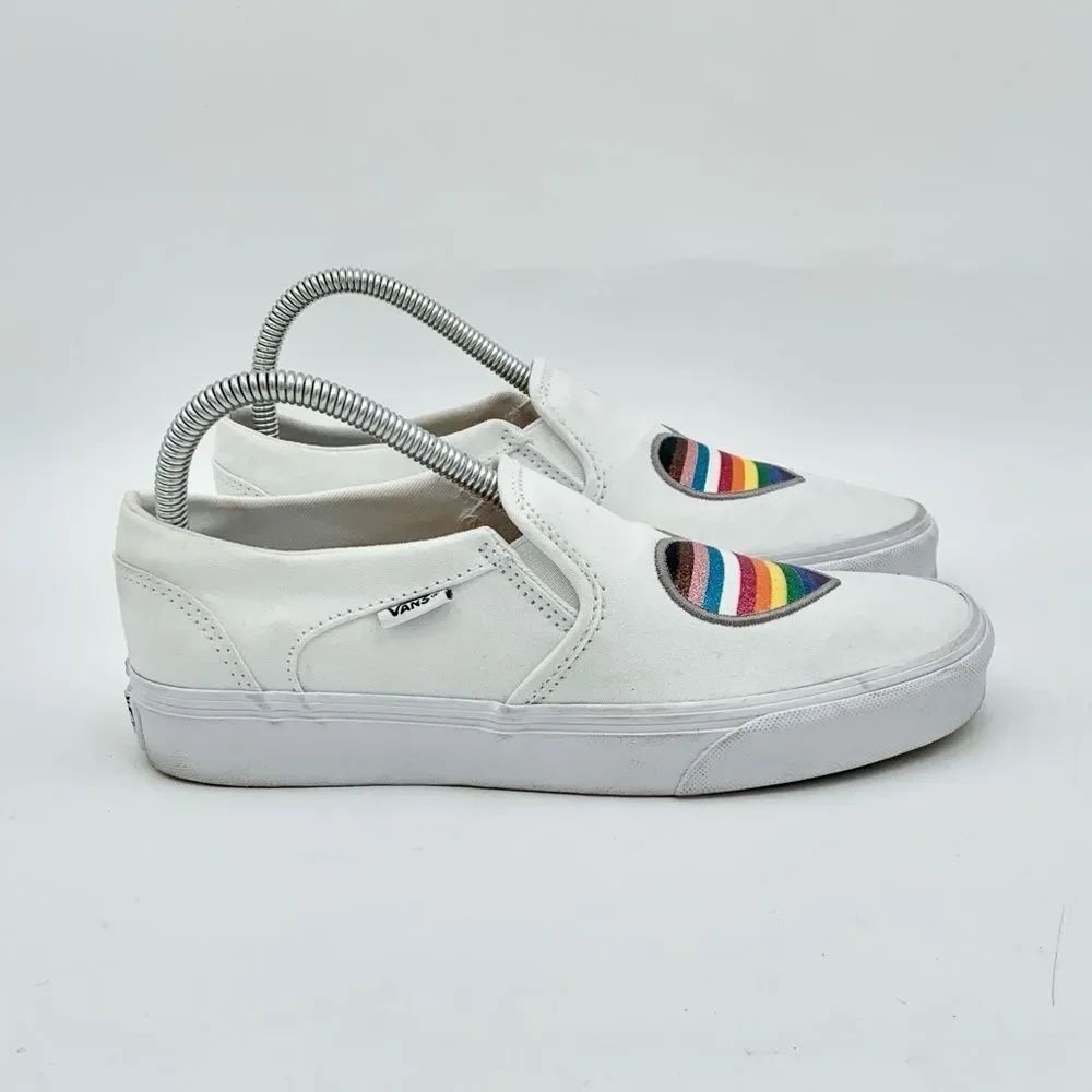 Vans Rainbow pride glitter sparkle heart white slip on shoes size 8